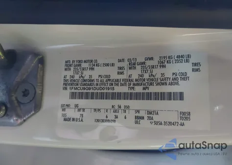 2013 Ford Escape Se z USA, uszkodzony, nr VIN 1FMCU9G91DUD01915